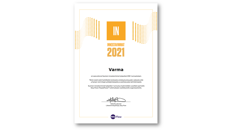 DIplomi Varman innostavimmat työpaikat 2021 -tunnustuksesta