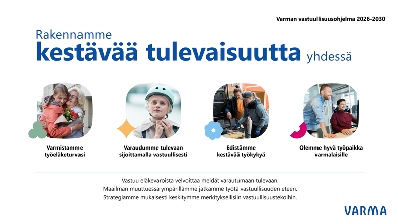 Kuva on kiteytys vastuullisuusohjelmasta otsikolla Rakennamme kestävää tulevaisuutta yhdessä.